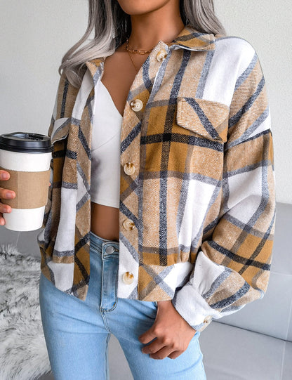 Women's Flannel Plaid Button Down Cropped Jacket (Buy 2 Free Shipping)