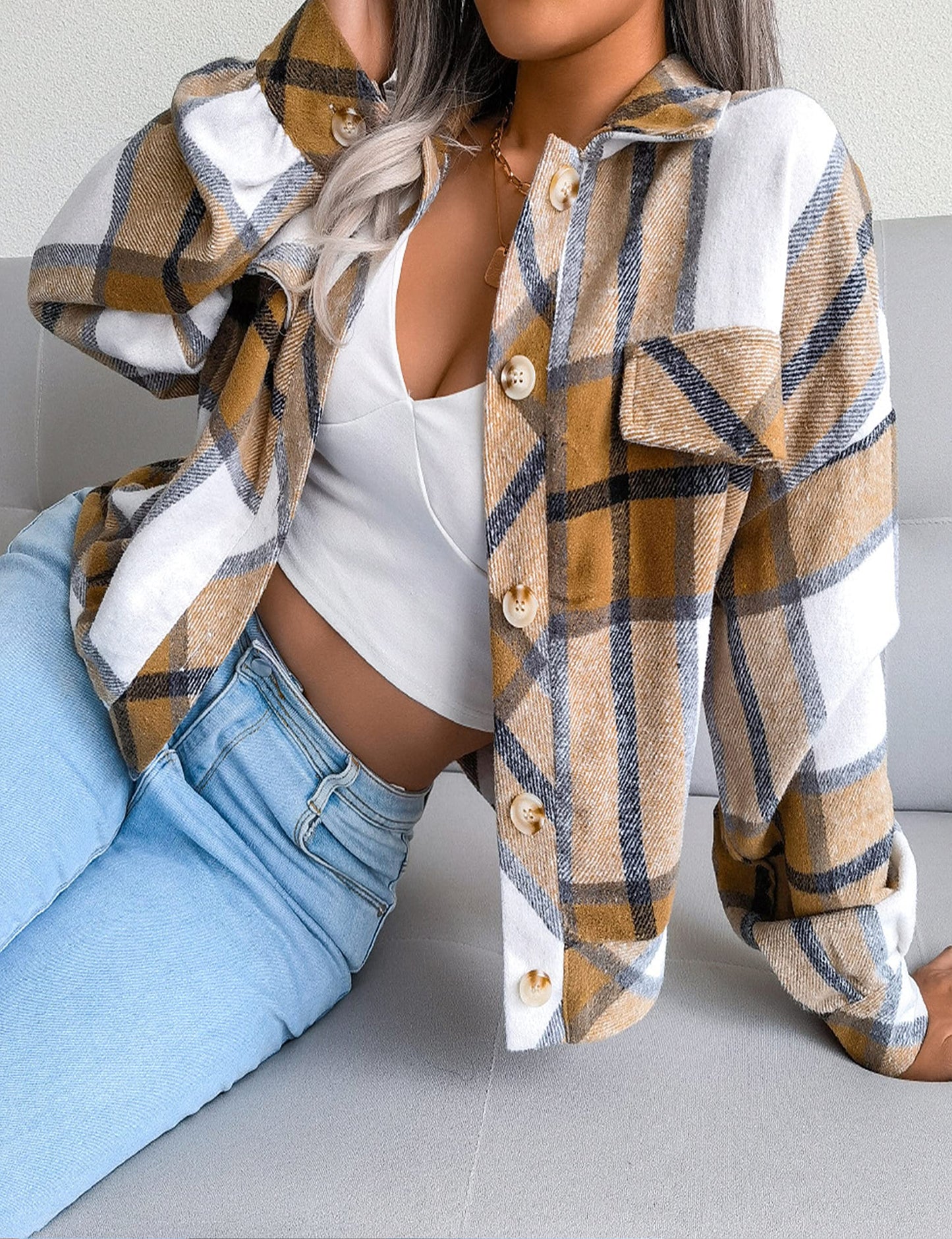 Women's Flannel Plaid Button Down Cropped Jacket (Buy 2 Free Shipping)