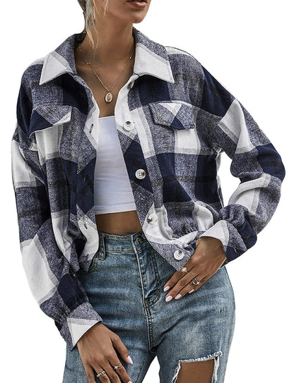 Women's Flannel Plaid Button Down Cropped Jacket (Buy 2 Free Shipping)