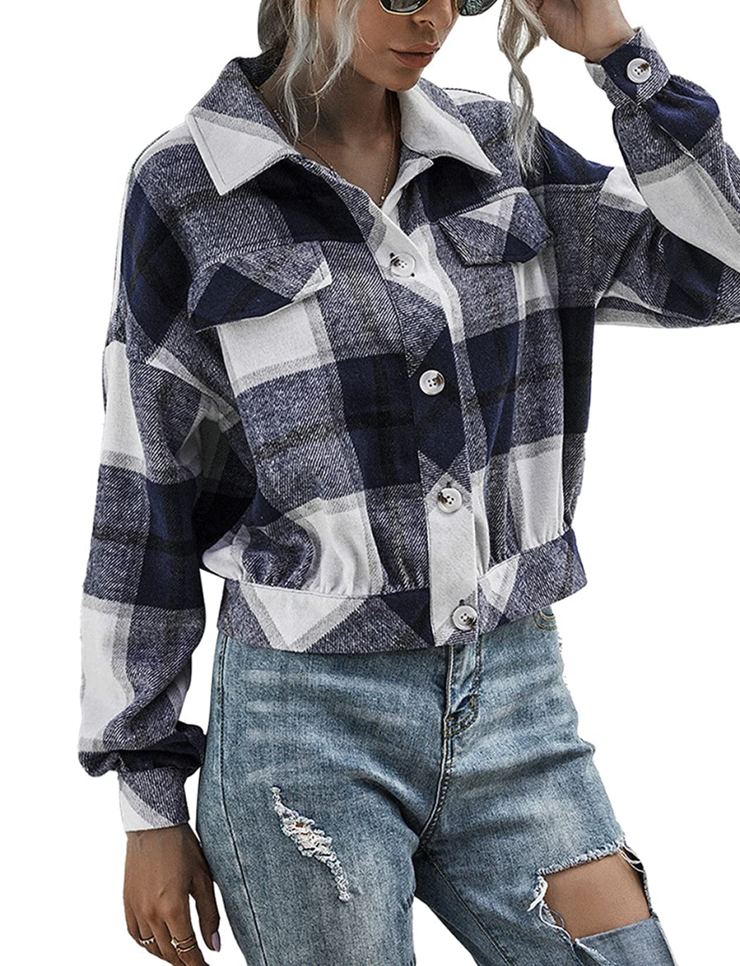 Women's Flannel Plaid Button Down Cropped Jacket (Buy 2 Free Shipping)