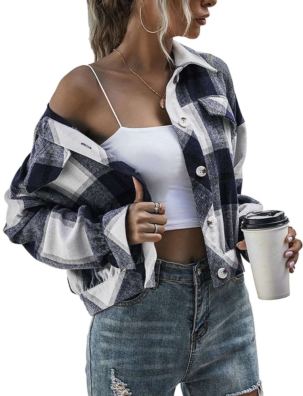 Women's Flannel Plaid Button Down Cropped Jacket (Buy 2 Free Shipping)