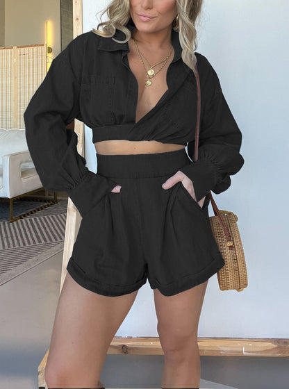 Long Sleeves Crop Shirt and Shorts Denim Set (Buy 2 Free Shipping)