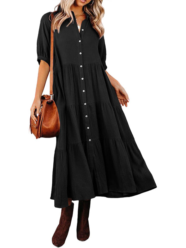 Women's Button Down Tiered Ruffle Flowy Midi Dress with Pockets (Buy 2 Free Shipping)