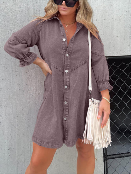 Button Denim Bubble Sleeve Dress (Buy 2 Free Shipping)