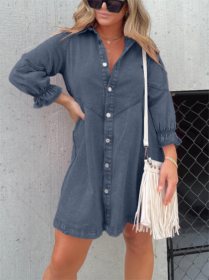 Button Denim Bubble Sleeve Dress (Buy 2 Free Shipping)