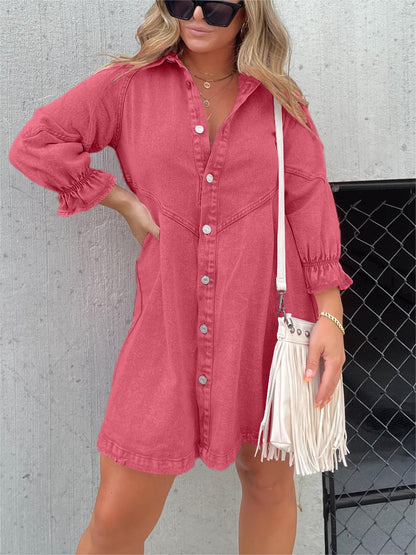 Button Denim Bubble Sleeve Dress (Buy 2 Free Shipping)