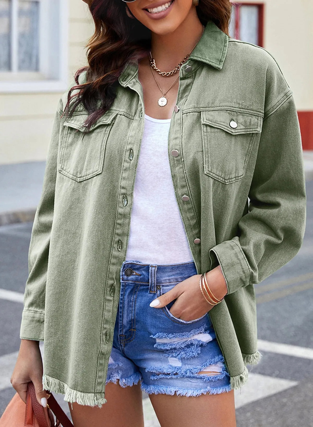 Women's Button Down Raw Edge Denim Jacket (Buy 2 Free Shipping)