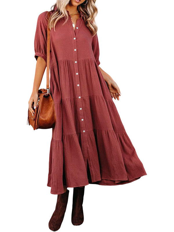 Women's Button Down Tiered Ruffle Flowy Midi Dress with Pockets (Buy 2 Free Shipping)