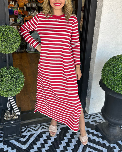 Women's Long Sleeve Side Slit Striped Maxi Dress (Buy 2 Free Shipping)