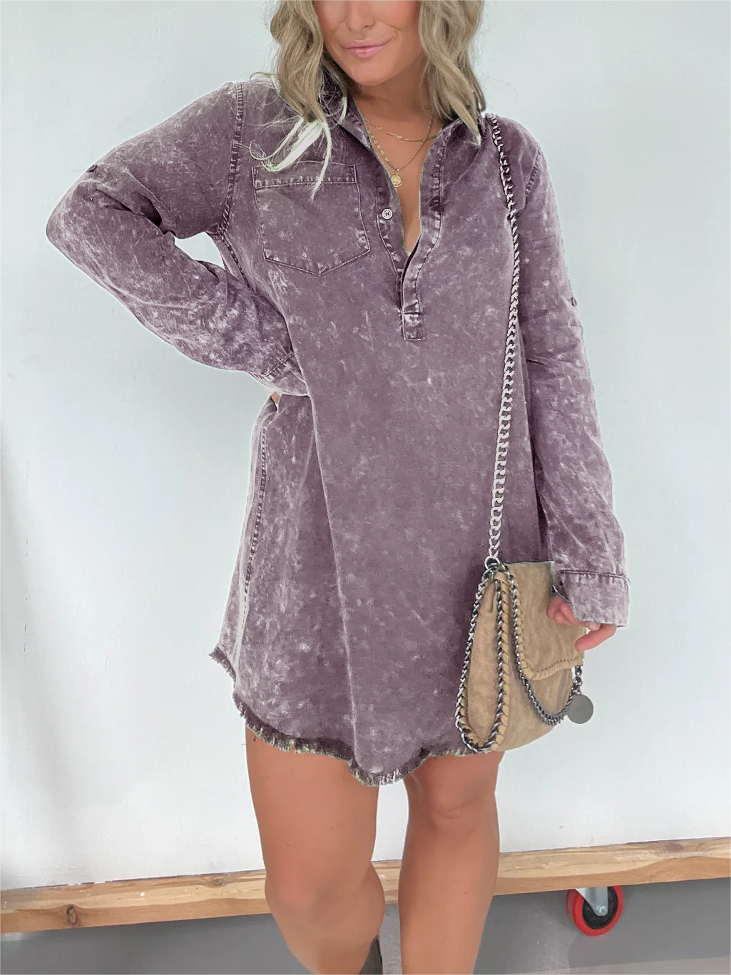 Long Sleeve Denim Washed Shirt Dress (Buy 2 Free Shipping)