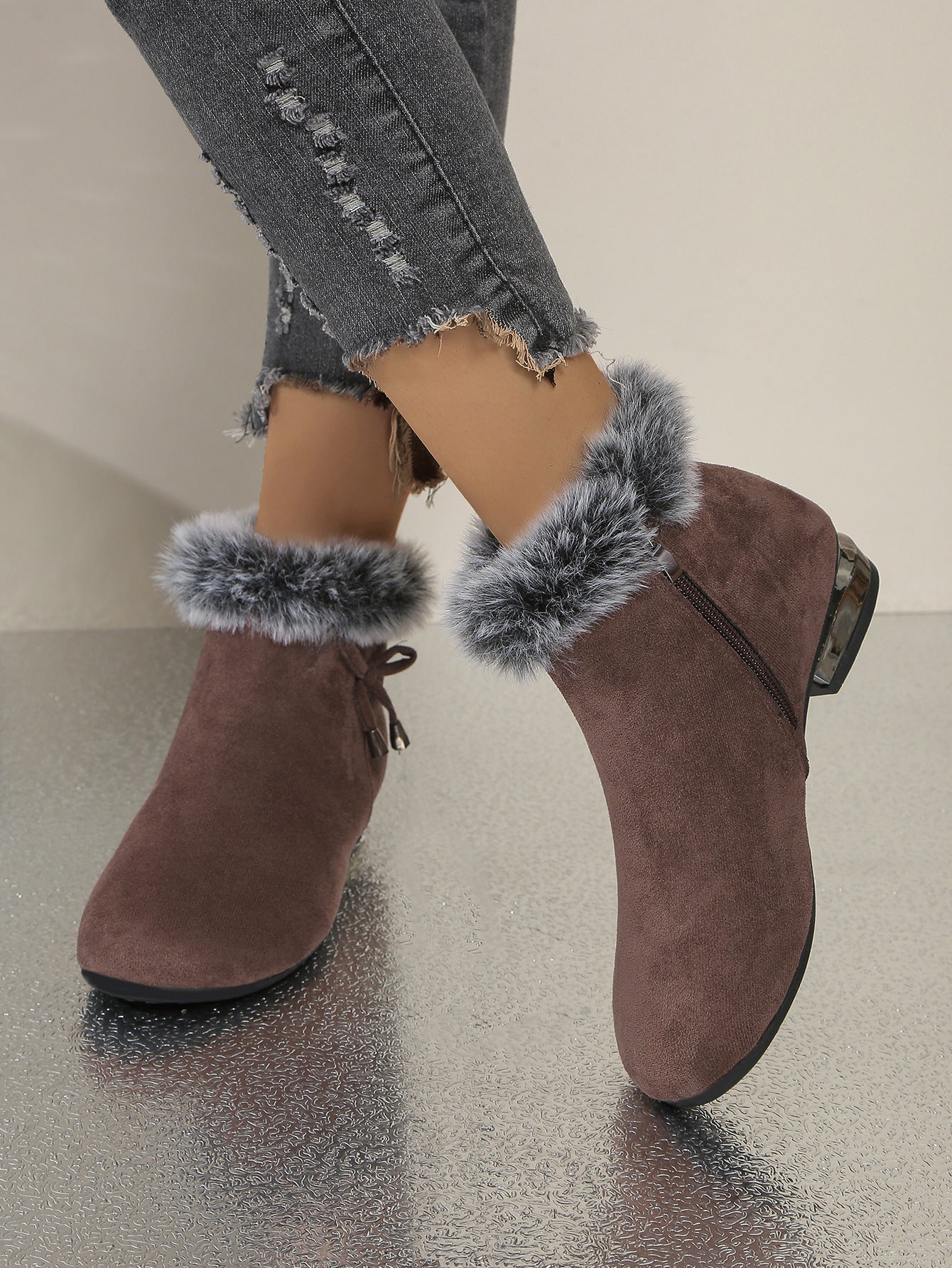 Women's Chunky Heel Short Casual Side Zipper Plush Lined Boots