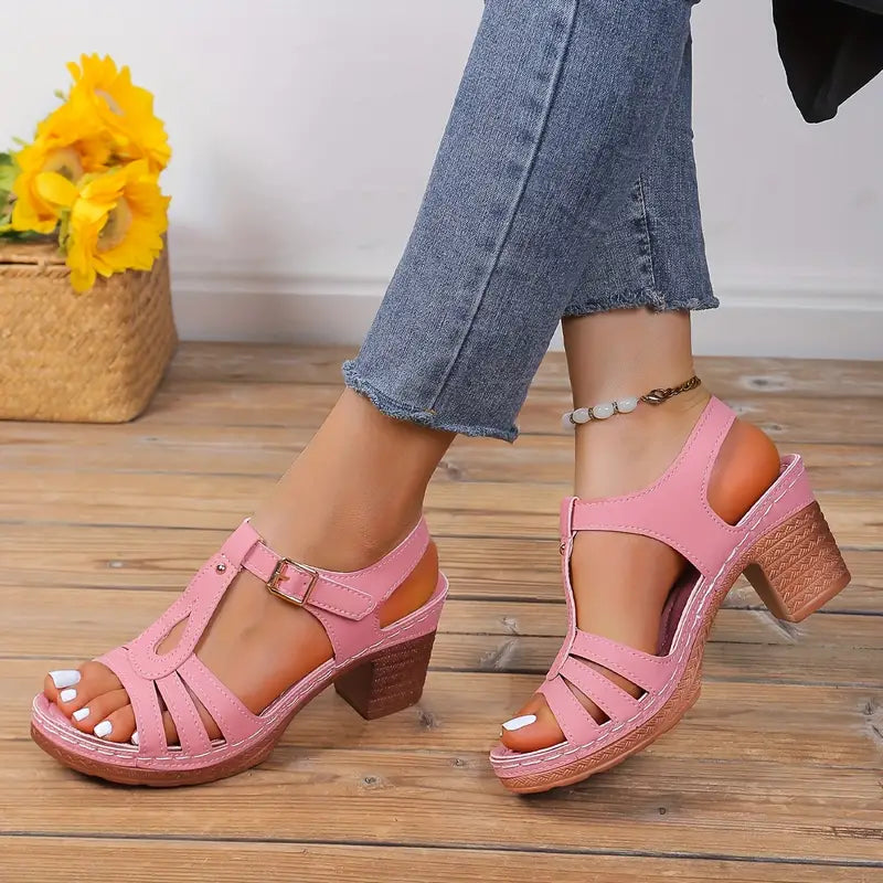 Women's Solid Color Stylish Sandals, Summer T-Strap High Heels, Casual One-Strap Non-Slip Chunky Heels