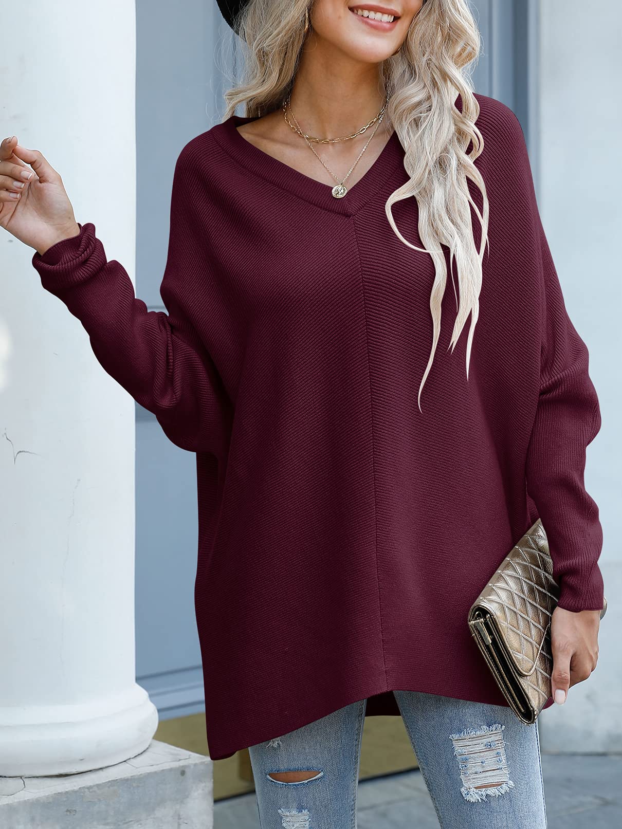 Womens Oversized Long Batwing Sleeve V Neck Sweater