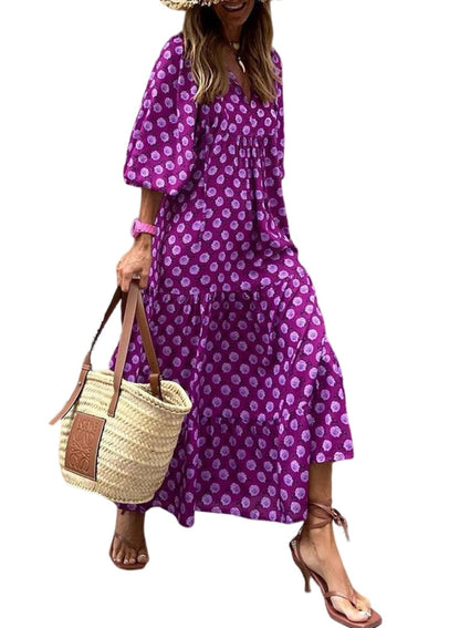 Women's Puff Sleeve Floral Boho Maxi Dress (Buy 2 Free Shipping)