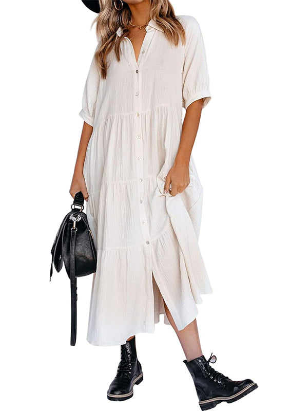 Women's Button Down Tiered Ruffle Flowy Midi Dress with Pockets (Buy 2 Free Shipping)