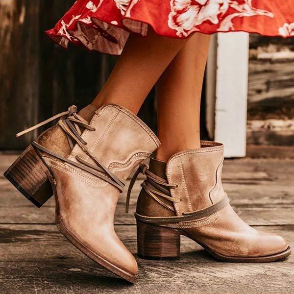 Women'S Vintage Lace Up Chunky Heel Booties