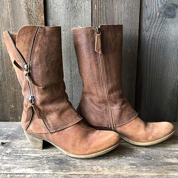 Women'S Medium Chunky Heel Side Zip Leather Boots