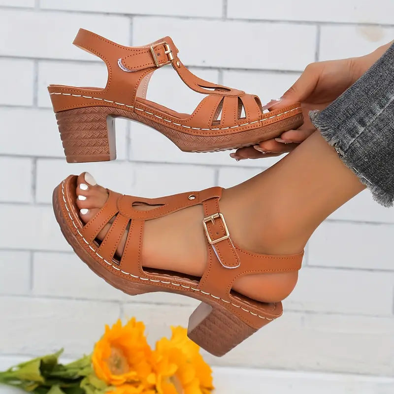 Women's Solid Color Stylish Sandals, Summer T-Strap High Heels, Casual One-Strap Non-Slip Chunky Heels