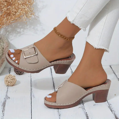 🔥LAST DAY 60% OFF -Women's Solid Color Stylish Sandals, Slip On Soft Sole Chunky Heel Slides, Buckle Band Versatile Slides