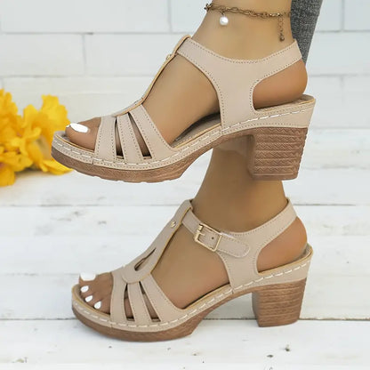 Women's Solid Color Stylish Sandals, Summer T-Strap High Heels, Casual One-Strap Non-Slip Chunky Heels