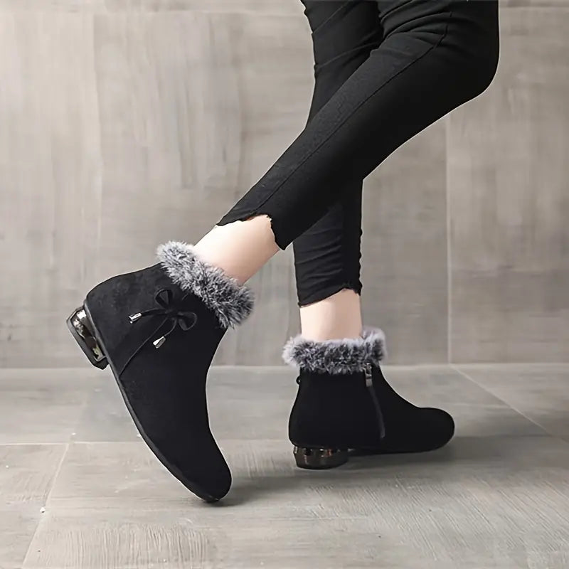 Women's Chunky Heel Short Casual Side Zipper Plush Lined Boots