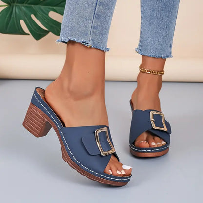 🔥LAST DAY 60% OFF -Women's Solid Color Stylish Sandals, Slip On Soft Sole Chunky Heel Slides, Buckle Band Versatile Slides