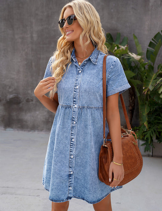 Women's Doll Neck Short Sleeve Button Down Denim Shirt Dresses（Buy 2 Free Shipping）