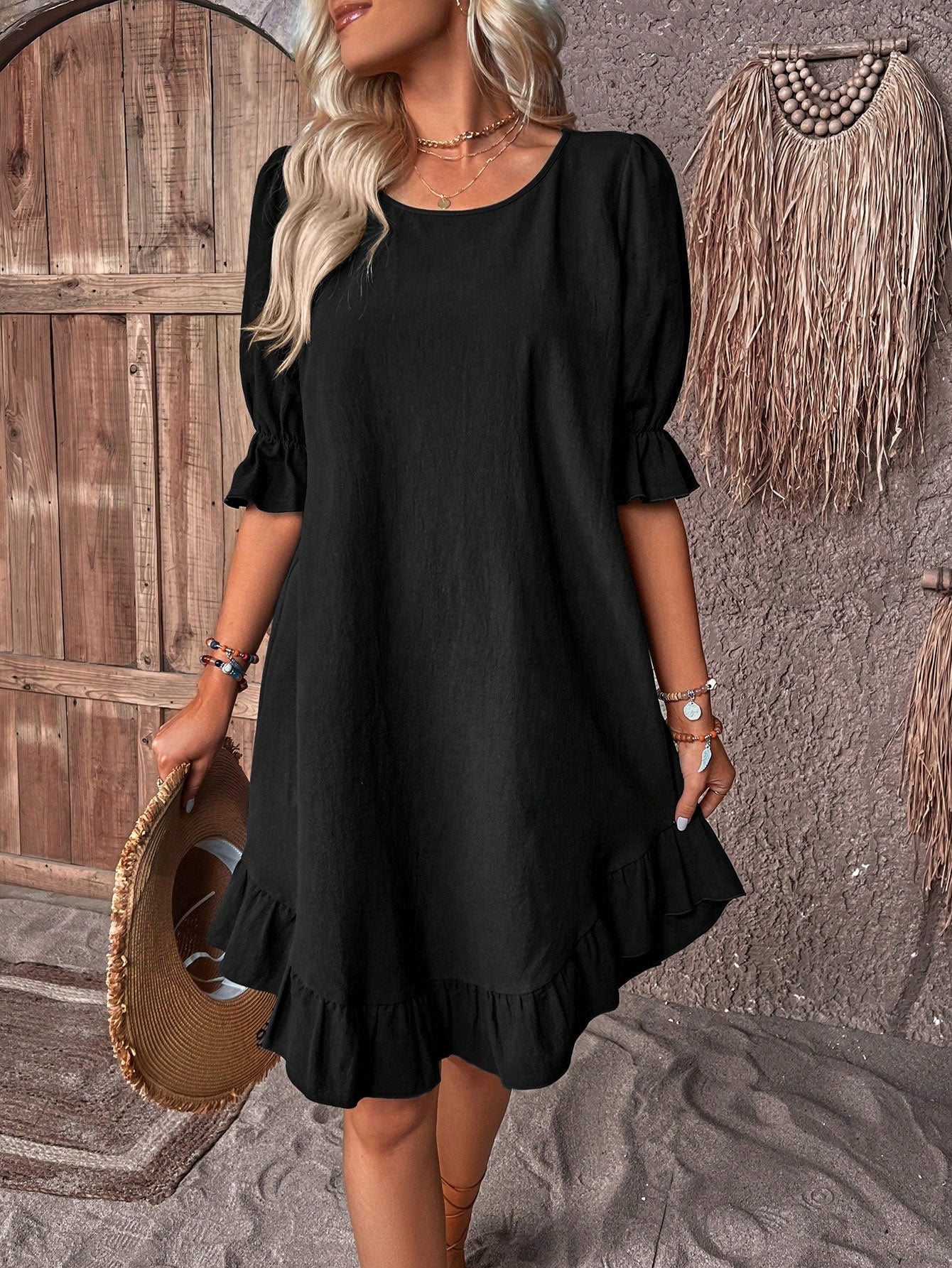 Solid Puff Sleeve Ruffle Hem Smock Dress (Buy 2 Free Shipping)