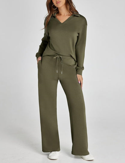 Women's Casual Polo Top and Wide Leg Pants Matching Sets (Buy 2 Free Shipping)