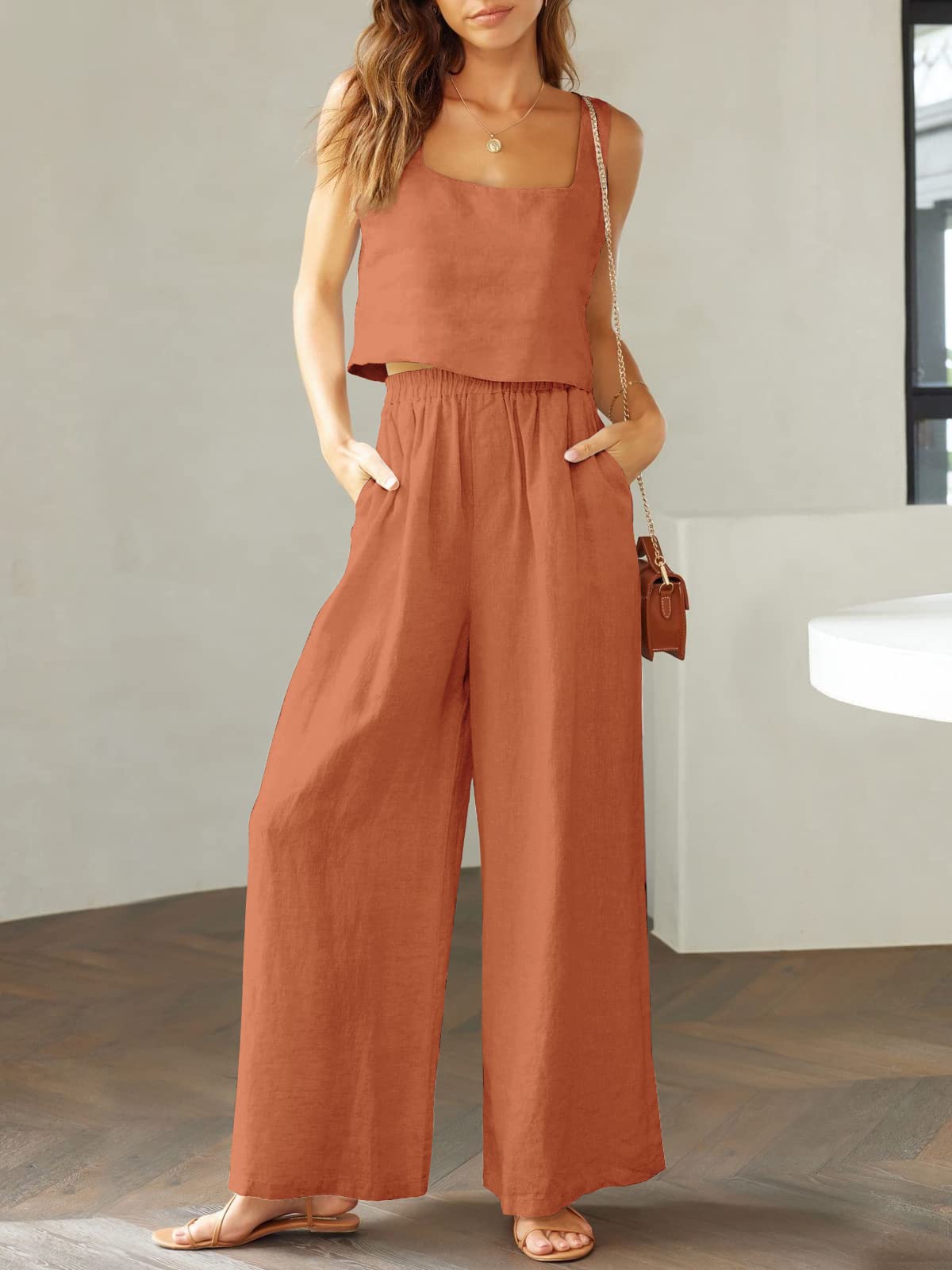 Square Neck Tank Wide Leg Pants Matching Lounge Set