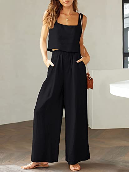 Square Neck Tank Wide Leg Pants Matching Lounge Set