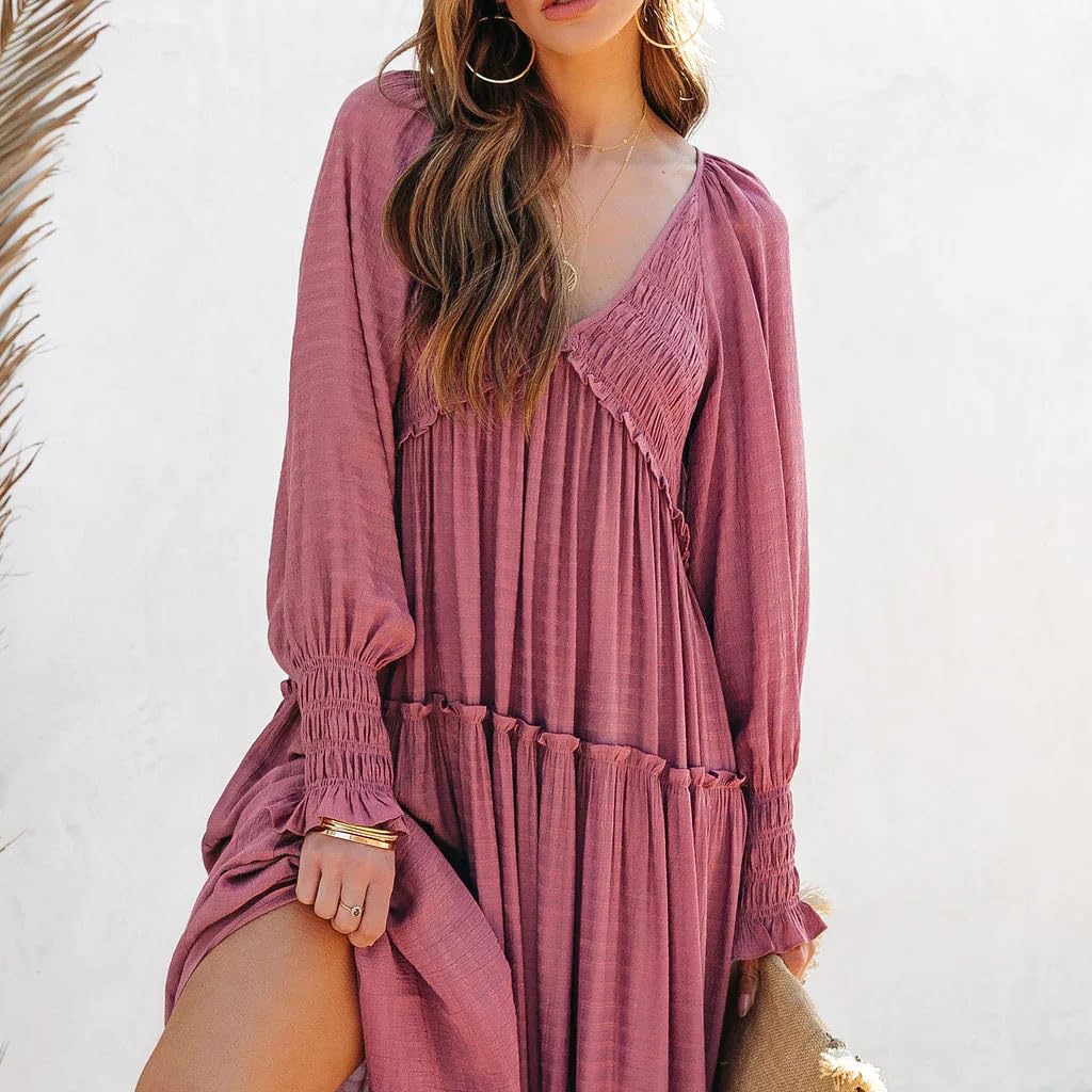 Women's Long Sleeve V Neck Boho Flowy Maxi Dresses (Buy 2 Free Shipping)