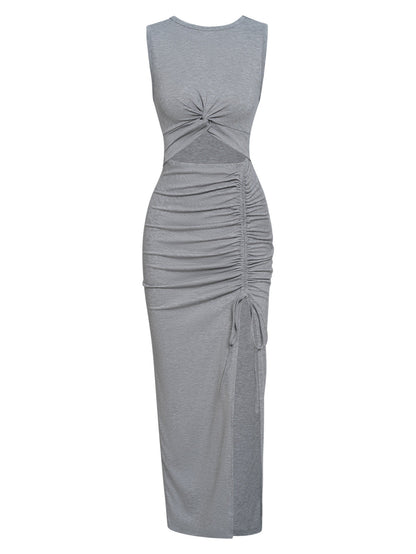 Round Neck Solid Color Twisted Rouching Drawstring Maxi Dress