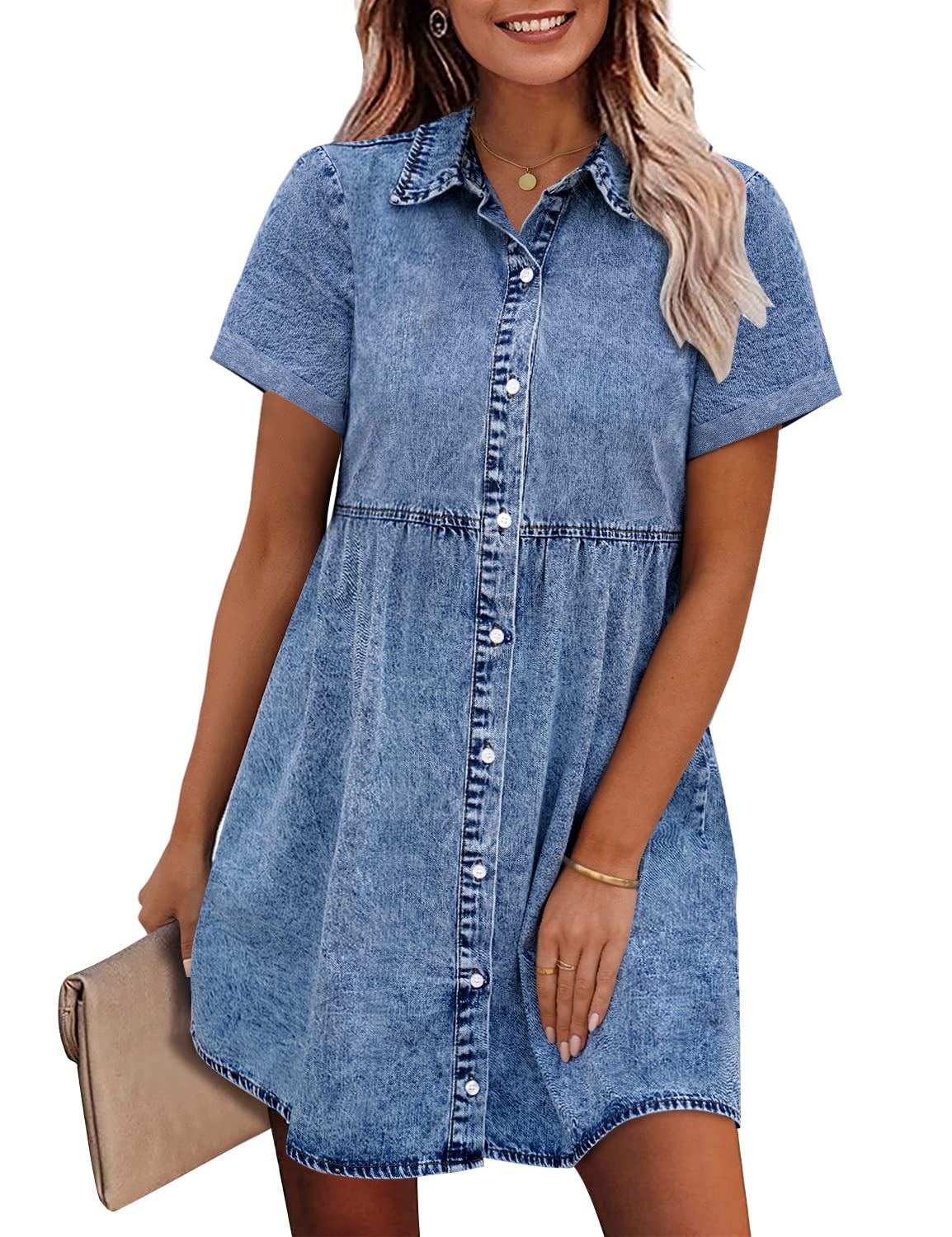 Women's Doll Neck Short Sleeve Button Down Denim Shirt Dresses（Buy 2 Free Shipping）