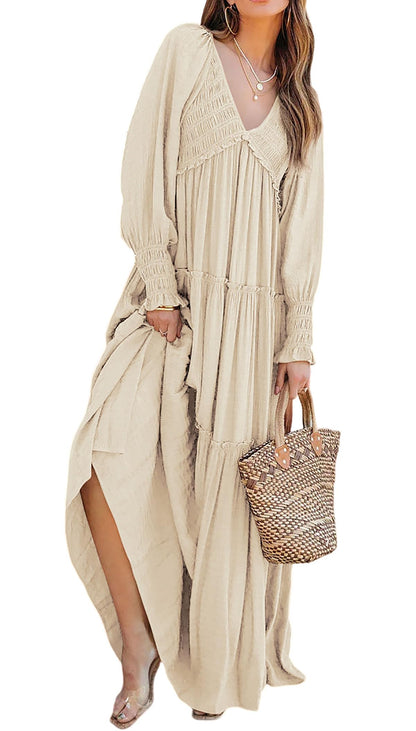 Women's Long Sleeve V Neck Boho Flowy Maxi Dresses (Buy 2 Free Shipping)