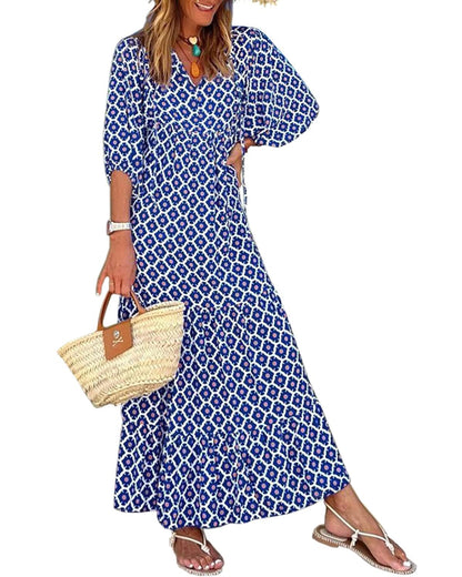 Women's Puff Sleeve Floral Boho Maxi Dress (Buy 2 Free Shipping)