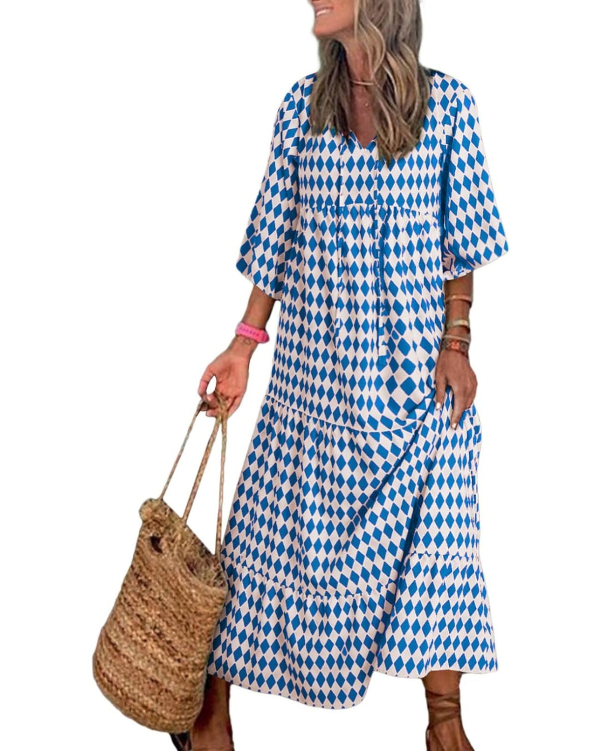 Women's Puff Sleeve Smocked Ruffle Boho Maxi Dress (Buy 2 Free Shipping)