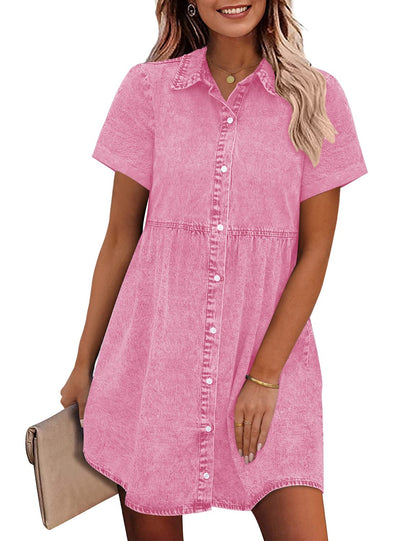 Women's Doll Neck Short Sleeve Button Down Denim Shirt Dresses（Buy 2 Free Shipping）