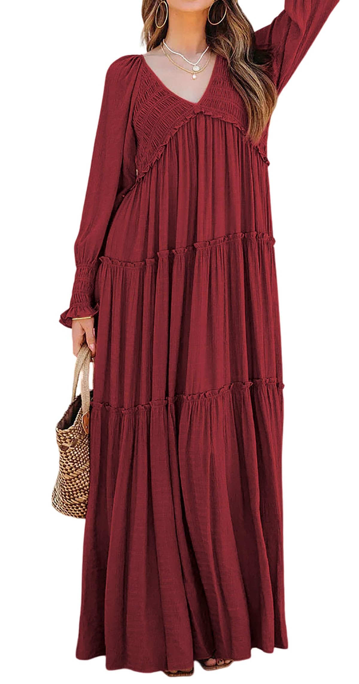 Women's Long Sleeve V Neck Boho Flowy Maxi Dresses (Buy 2 Free Shipping)