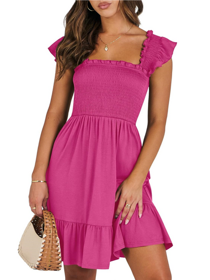 Women's Square Neck Smocked Ruffle Dress (Buy 2 Free Shipping)