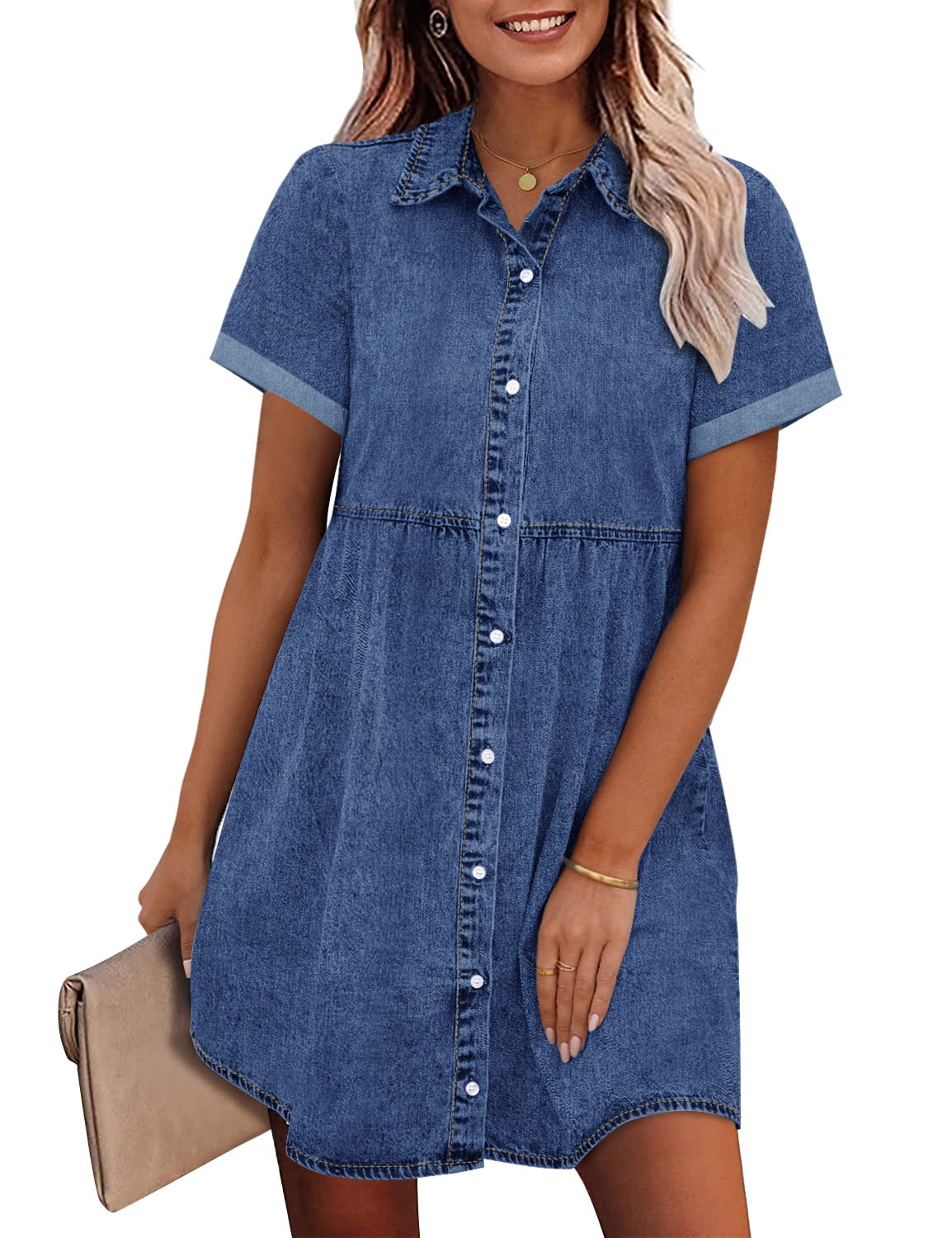 Women's Doll Neck Short Sleeve Button Down Denim Shirt Dresses（Buy 2 Free Shipping）