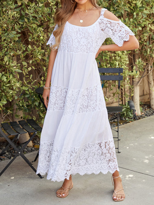 Lace Floral Stitching Off The Shoulder Maxi Dress