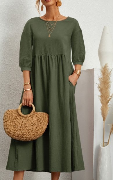 Women's Lantern Sleeve Cotton And Linen Dress