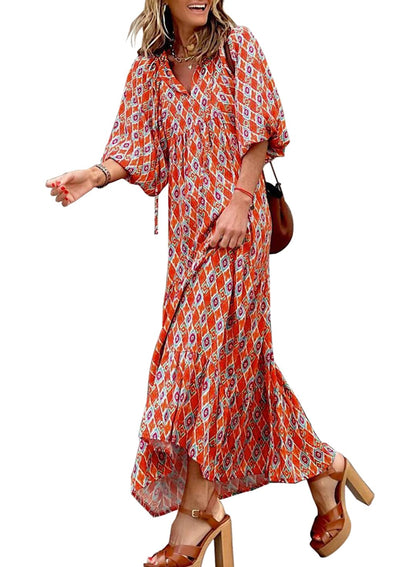 Women's Puff Sleeve Smocked Ruffle Boho Maxi Dress (Buy 2 Free Shipping)