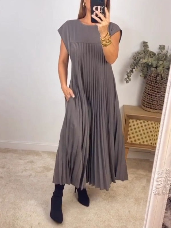 Women's Cap Sleeve Pleated Flowy Maxi Dress (Buy 2 Free Shipping)