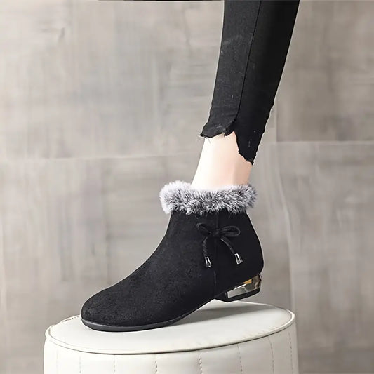 Women's Chunky Heel Short Casual Side Zipper Plush Lined Boots