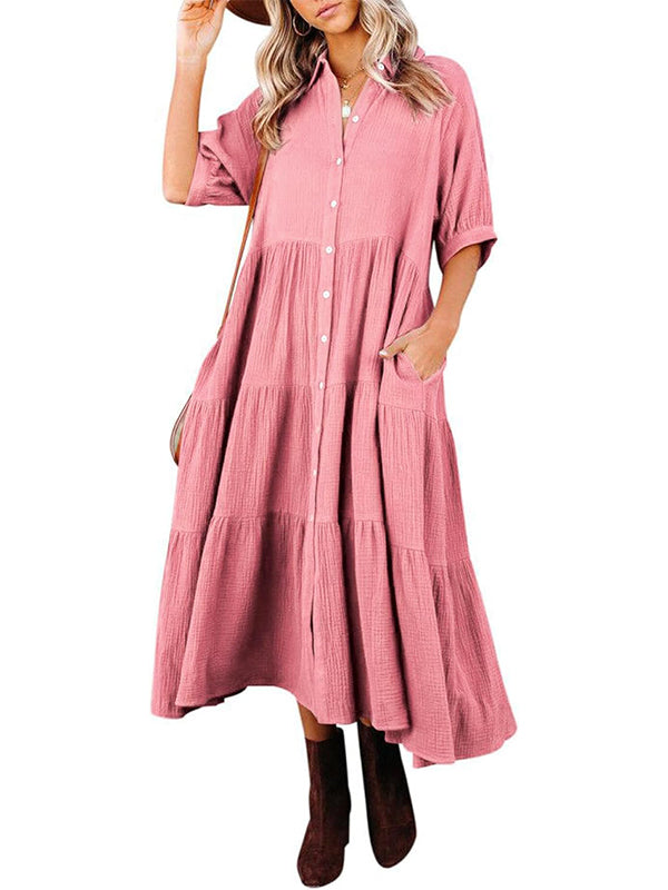 Women's Button Down Tiered Ruffle Flowy Midi Dress with Pockets (Buy 2 Free Shipping)