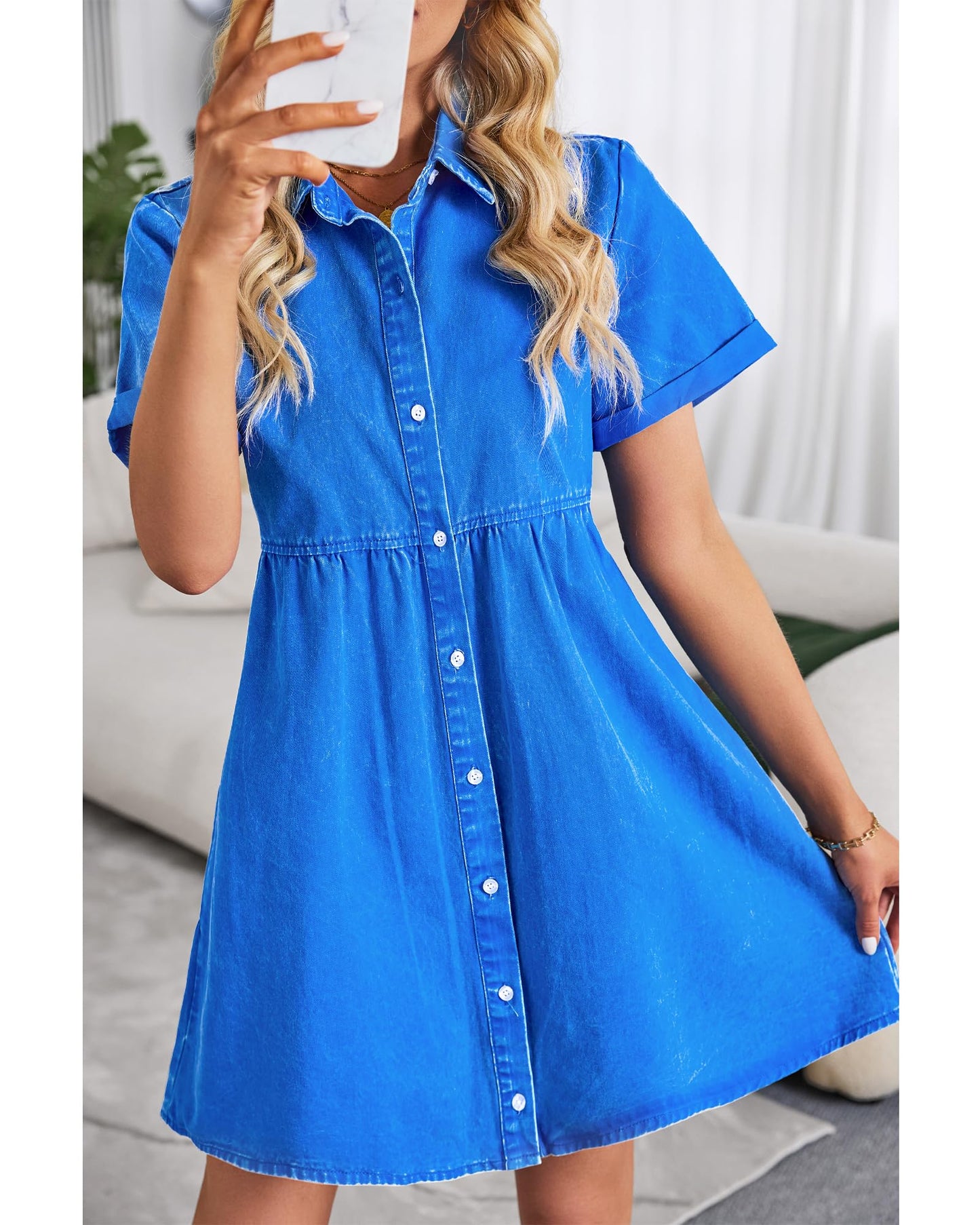 Women's Doll Neck Short Sleeve Button Down Denim Shirt Dresses（Buy 2 Free Shipping）