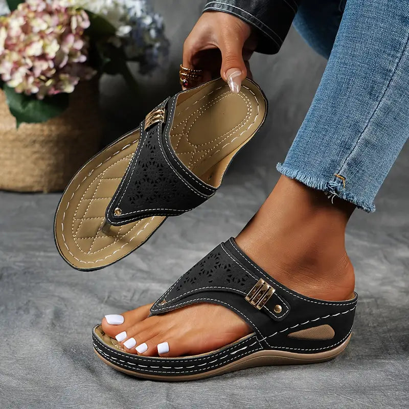 Women's Wedge Flip Flops, Comfy Hollow Arch Support Outdoor Slide Sandals, All-Match Soft Sole Slide Shoes