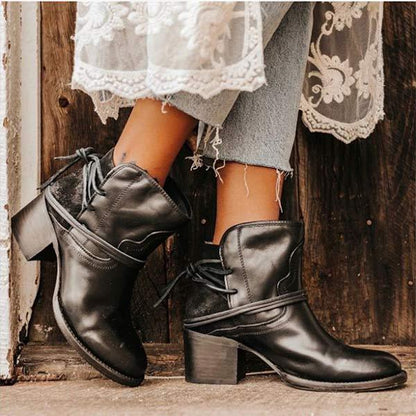 Women'S Vintage Lace Up Chunky Heel Booties